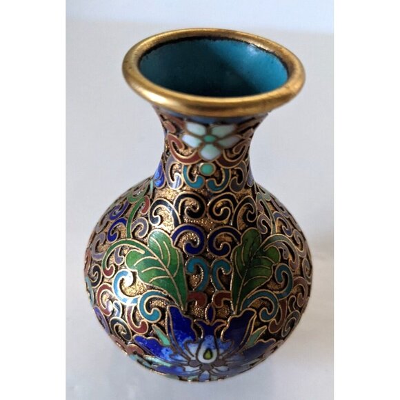Vintage Enamel Cloisonne Miniature Vase Champleve Technique Floral Bronze 3 In - Picture 7 of 8